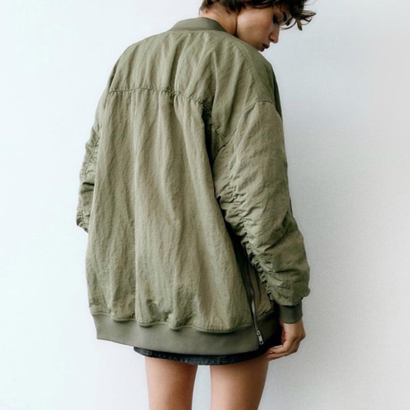 Zara Water Repellent Oversized Bomber Jacket Khaki NWT - Picture 4 of 7